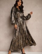 lovery Rochie Strălucitoare Negru-Auriu cu imprimeu leopard Legată în Talie Alissin