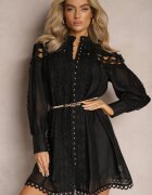 lovery Rochie tip cămașă Neagră Mini cu Centură Decorată cu Dantelă din Organdi