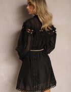 lovery Rochie tip cămașă Neagră Mini cu Centură Decorată cu Dantelă din Organdi