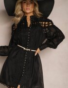 lovery Rochie tip cămașă Neagră Mini cu Centură Decorată cu Dantelă din Organdi