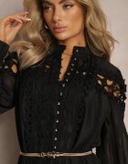 lovery Rochie tip cămașă Neagră Mini cu Centură Decorată cu Dantelă din Organdi
