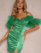 lovery Rochie Verde de Satin cu volane de tul și încrețituri pe bretele Tinamell