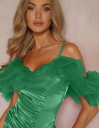 lovery Rochie Verde de Satin cu volane de tul și încrețituri pe bretele Tinamell