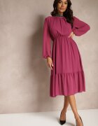 lovery Rochie Violet cu Aplicații cu guler înalt și cu Elastic în Talie Lilora