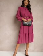 lovery Rochie Violet cu Aplicații cu guler înalt și cu Elastic în Talie Lilora