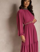 lovery Rochie Violet cu Aplicații cu guler înalt și cu Elastic în Talie Lilora