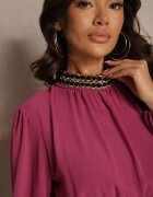 lovery Rochie Violet cu Aplicații cu guler înalt și cu Elastic în Talie Lilora