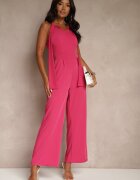 lovery Salopetă Fucsia Wide Leg cu legătură decorativă la gât Silelia