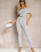 lovery Salopetă Mulată Gri din Material Elastic cu Decolteu Spaniol Pharasia