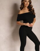 lovery Salopetă neagră mulată din material elastic cu decolteu spaniol Pharasia