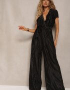 lovery Salopetă petrecută neagră cu elastic în talie cu pantaloni palazzo și cordon din material Hesperi