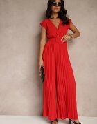 lovery Salopetă Roșie Petrecută Wide Leg Decorată cu pliuri și curea cu cataramă Salirella