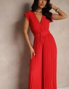 lovery Salopetă Roșie Petrecută Wide Leg Decorată cu pliuri și curea cu cataramă Salirella