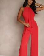 lovery Salopetă Roșie Wide Leg cu Legătură Decorativă la Gât Silelia