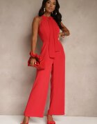 lovery Salopetă Roșie Wide Leg cu Legătură Decorativă la Gât Silelia