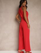 lovery Salopetă Roșie Wide Leg cu Legătură Decorativă la Gât Silelia