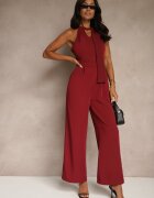lovery Salopetă Visinie Wide Leg cu Legătură Decorativă la Gât Silelia