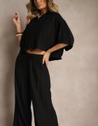 lovery Set Negru din Viscoză cu croială Oversize Cămașă și Pantaloni Dovaraella