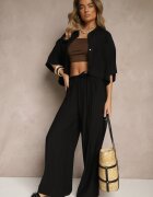 lovery Set Negru din Viscoză cu croială Oversize Cămașă și Pantaloni Dovaraella