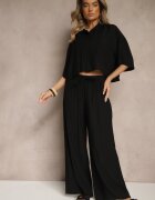 lovery Set Negru din Viscoză cu croială Oversize Cămașă și Pantaloni Dovaraella