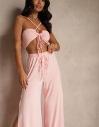 lovery Set Roz din Viscoză Top Legat și Pantaloni Largi cu Despicături Zilavira