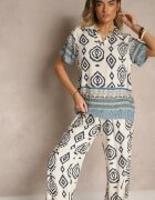 m&d fashion Compleu Albastru din Vascoză Pantaloni Largi și Bluză cu Imprimeu Boho Ralkio