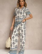m&d fashion Compleu Albastru din Vascoză Pantaloni Largi și Bluză cu Imprimeu Boho Ralkio