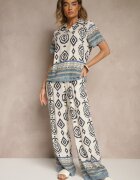 m&d fashion Compleu Albastru din Vascoză Pantaloni Largi și Bluză cu Imprimeu Boho Ralkio