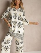 m&d fashion Compleu Bej-Negru din Viscoză Pantaloni Largi și Bluză în Stil Boho Rinadora