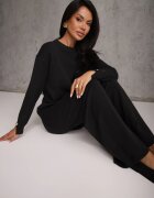m&d fashion Compleu tricotat cu vâscoză pantaloni drept și pulover cu manșete cu nasturi Venturo Bej Negru