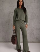 m&d fashion Compleu tricotat cu vâscoză pantaloni drept și pulover cu manșete cu nasturi Venturo Bej Verde închis