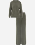 m&d fashion Compleu tricotat cu vâscoză pantaloni drept și pulover cu manșete cu nasturi Venturo Bej Verde închis