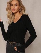 m&d fashion Pulover Negru cu Decolteu în V și cu Model Împletit Silmirra