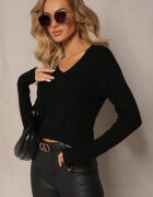 m&d fashion Pulover Negru cu Decolteu în V și cu Model Împletit Silmirra