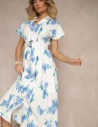 m&d fashion Rochie Alb-Albastru Din bumbac cu decorațiune ajurată cu croială tip cămașă cu curea Velpio