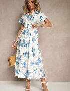 m&d fashion Rochie Alb-Albastru Din bumbac cu decorațiune ajurată cu croială tip cămașă cu curea Velpio