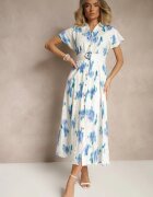 m&d fashion Rochie Alb-Albastru Din bumbac cu decorațiune ajurată cu croială tip cămașă cu curea Velpio
