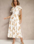 m&d fashion Rochie Albă-Portocalie De bumbac cu Broderie Ajurată cu Croială Tip Cămașă cu Curea Velpio
