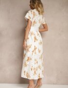 m&d fashion Rochie Albă-Portocalie De bumbac cu Broderie Ajurată cu Croială Tip Cămașă cu Curea Velpio