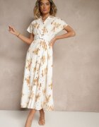m&d fashion Rochie Albă-Portocalie De bumbac cu Broderie Ajurată cu Croială Tip Cămașă cu Curea Velpio
