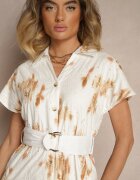 m&d fashion Rochie Albă-Portocalie De bumbac cu Broderie Ajurată cu Croială Tip Cămașă cu Curea Velpio