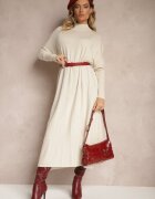 m&d fashion Rochie Albă Tip cutie Tricotată cu Viscoză și Guler înalt Rinnine
