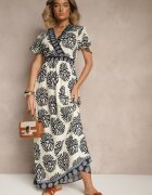 m&d fashion Rochie albastră cu imprimeu boho din viscoză evazată cu decolteu în V Palarina