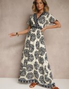 m&d fashion Rochie albastră cu imprimeu boho din viscoză evazată cu decolteu în V Palarina