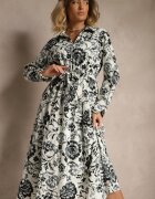 m&d fashion Rochie albastră de viscoză cu imprimeu floral tip cămașă cu curea Zelkiona