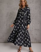 m&d fashion Rochie albastră din viscoză cu croi evazat cu nasturi la decolteu Seave