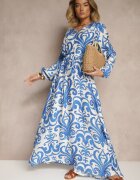 m&d fashion Rochie Albastră din Viscoză cu Croială Evazată cu Imprimeu Abstract Ridirinda