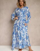 m&d fashion Rochie Albastră din Viscoză cu Croială Evazată cu Imprimeu Abstract Ridirinda