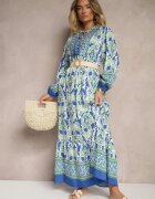 m&d fashion Rochie Albastru-Verde Evazată cu Model Ornamental Decorată cu Legătură cu Ciucuri Ridira