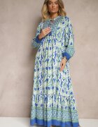 m&d fashion Rochie Albastru-Verde Evazată cu Model Ornamental Decorată cu Legătură cu Ciucuri Ridira